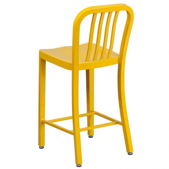 Commercial Grade 24" High Yellow Metal Indoor-Outdoor Counter Height Stool with Vertical Slat Back