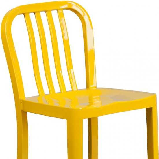 Commercial Grade 24" High Yellow Metal Indoor-Outdoor Counter Height Stool with Vertical Slat Back