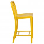 Commercial Grade 24" High Yellow Metal Indoor-Outdoor Counter Height Stool with Vertical Slat Back