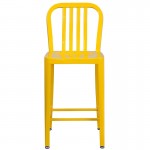 Commercial Grade 24" High Yellow Metal Indoor-Outdoor Counter Height Stool with Vertical Slat Back