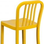 Commercial Grade 24" High Yellow Metal Indoor-Outdoor Counter Height Stool with Vertical Slat Back