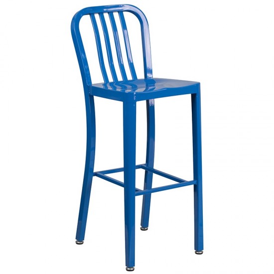 Commercial Grade 30" High Blue Metal Indoor-Outdoor Barstool with Vertical Slat Back