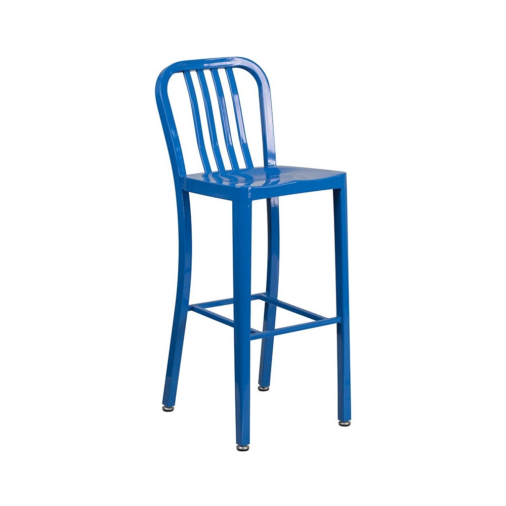 Commercial Grade 30" High Blue Metal Indoor-Outdoor Barstool with Vertical Slat Back