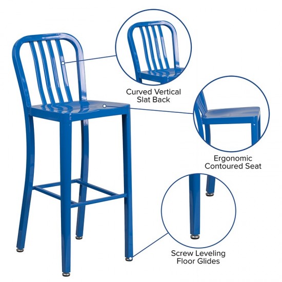 Commercial Grade 30" High Blue Metal Indoor-Outdoor Barstool with Vertical Slat Back