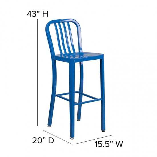 Commercial Grade 30" High Blue Metal Indoor-Outdoor Barstool with Vertical Slat Back