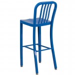 Commercial Grade 30" High Blue Metal Indoor-Outdoor Barstool with Vertical Slat Back