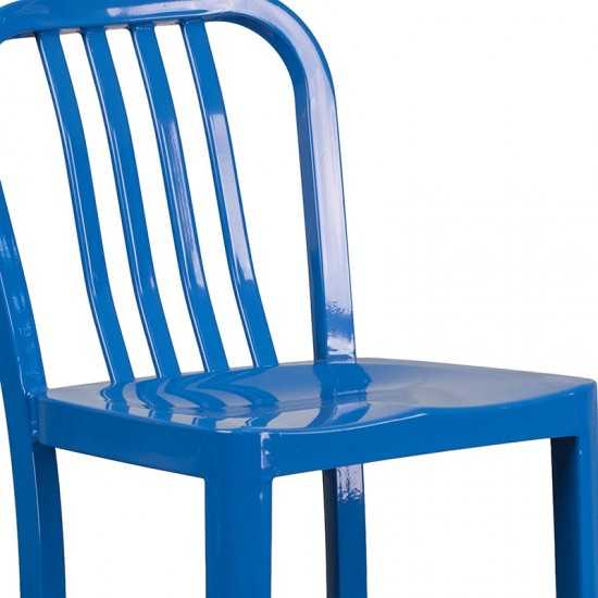 Commercial Grade 30" High Blue Metal Indoor-Outdoor Barstool with Vertical Slat Back