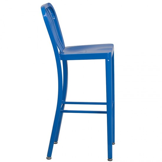 Commercial Grade 30" High Blue Metal Indoor-Outdoor Barstool with Vertical Slat Back