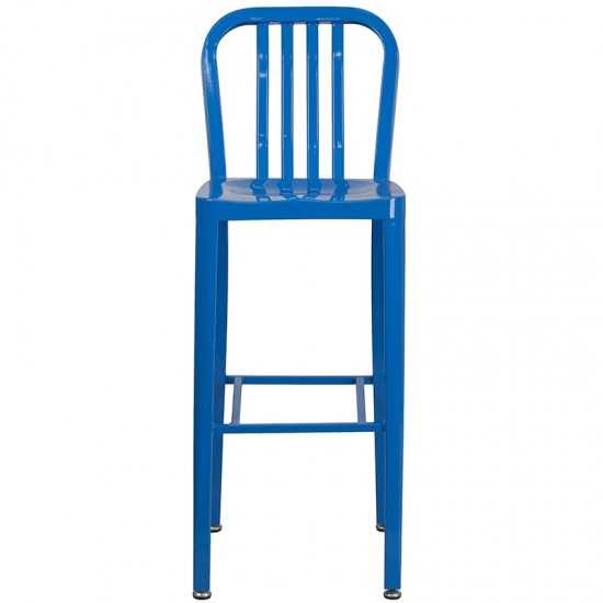 Commercial Grade 30" High Blue Metal Indoor-Outdoor Barstool with Vertical Slat Back