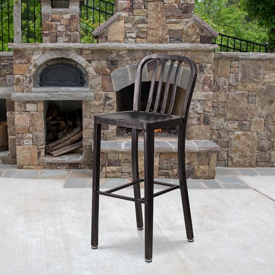 Commercial Grade 30" High Black-Antique Gold Metal Indoor-Outdoor Barstool with Vertical Slat Back