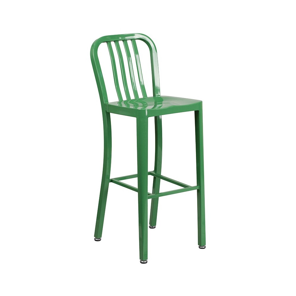 Commercial Grade 30" High Green Metal Indoor-Outdoor Barstool with Vertical Slat Back