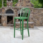 Commercial Grade 30" High Green Metal Indoor-Outdoor Barstool with Vertical Slat Back