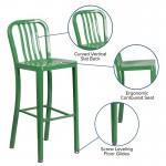 Commercial Grade 30" High Green Metal Indoor-Outdoor Barstool with Vertical Slat Back