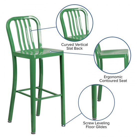 Commercial Grade 30" High Green Metal Indoor-Outdoor Barstool with Vertical Slat Back