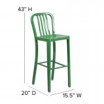 Commercial Grade 30" High Green Metal Indoor-Outdoor Barstool with Vertical Slat Back