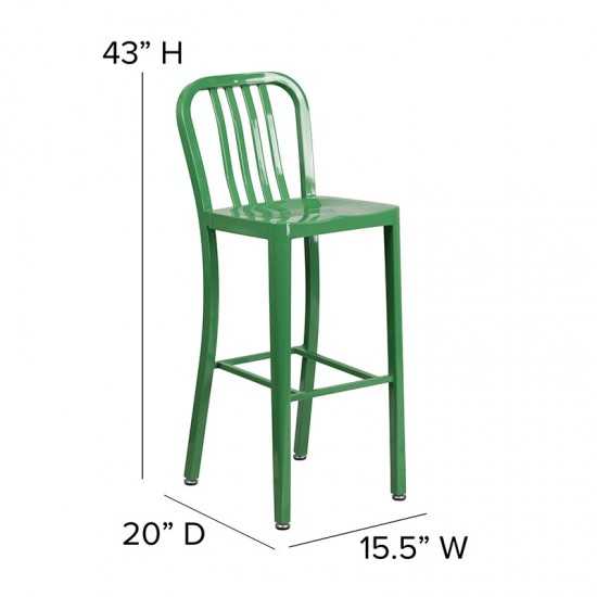 Commercial Grade 30" High Green Metal Indoor-Outdoor Barstool with Vertical Slat Back