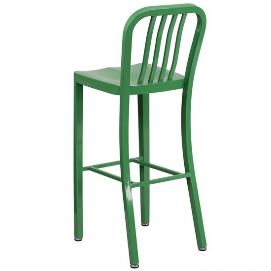 Commercial Grade 30" High Green Metal Indoor-Outdoor Barstool with Vertical Slat Back