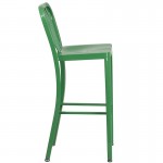 Commercial Grade 30" High Green Metal Indoor-Outdoor Barstool with Vertical Slat Back