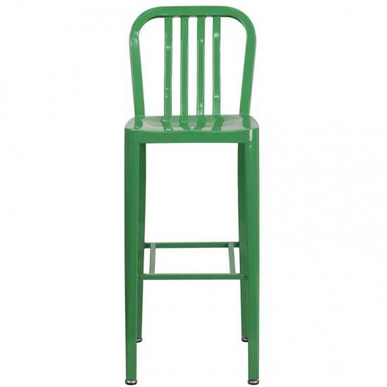 Commercial Grade 30" High Green Metal Indoor-Outdoor Barstool with Vertical Slat Back