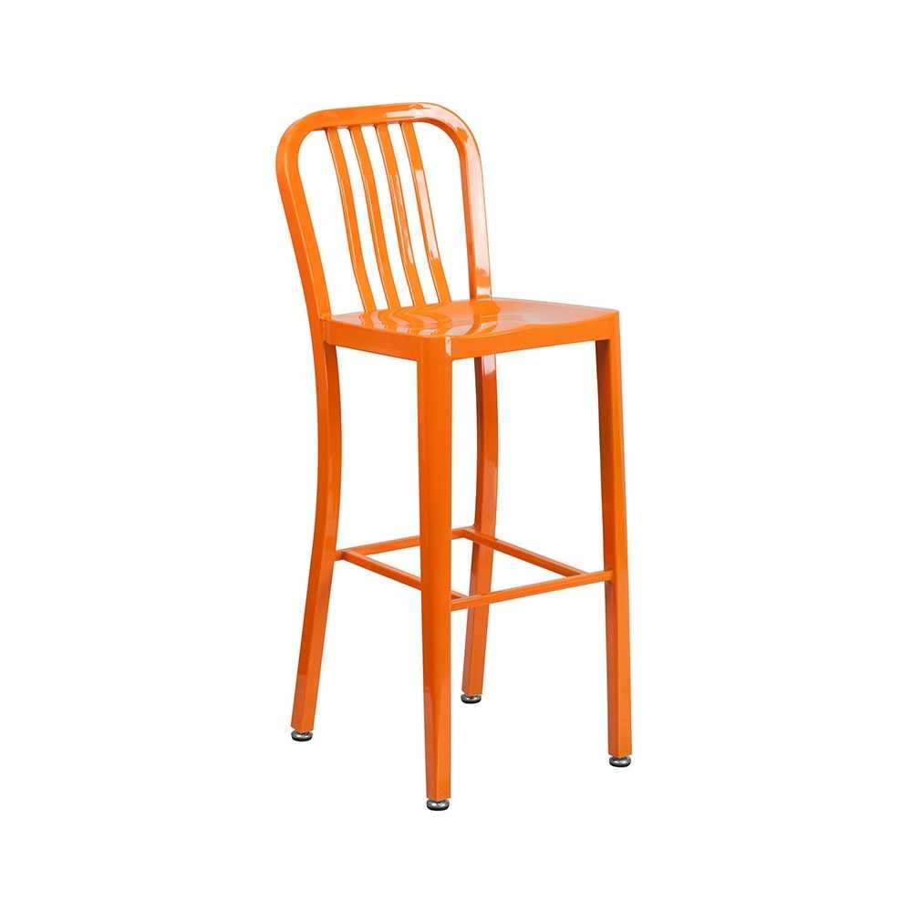 Commercial Grade 30" High Orange Metal Indoor-Outdoor Barstool with Vertical Slat Back