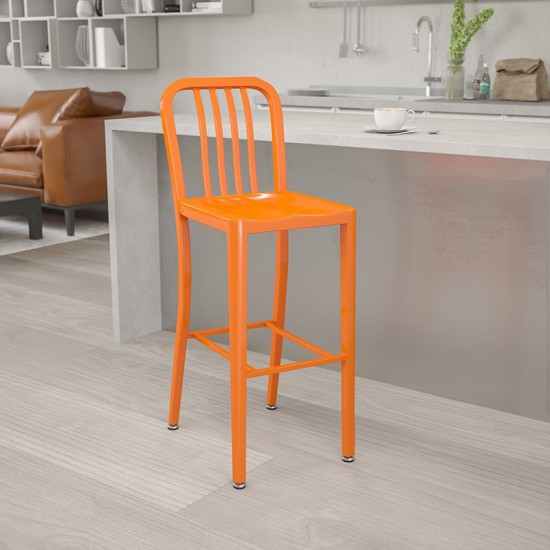 Commercial Grade 30" High Orange Metal Indoor-Outdoor Barstool with Vertical Slat Back