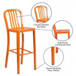 Commercial Grade 30" High Orange Metal Indoor-Outdoor Barstool with Vertical Slat Back