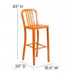 Commercial Grade 30" High Orange Metal Indoor-Outdoor Barstool with Vertical Slat Back