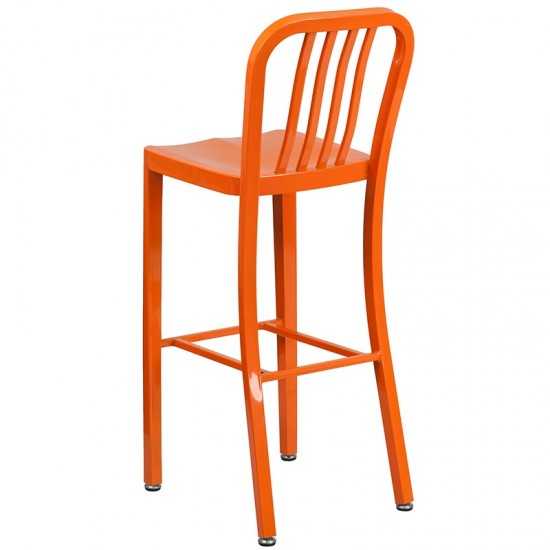 Commercial Grade 30" High Orange Metal Indoor-Outdoor Barstool with Vertical Slat Back