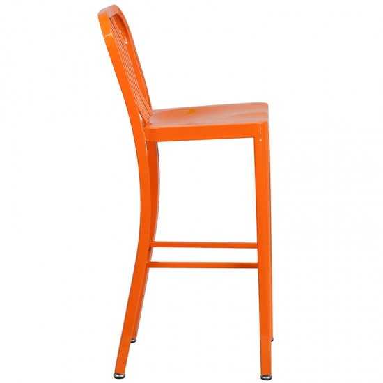 Commercial Grade 30" High Orange Metal Indoor-Outdoor Barstool with Vertical Slat Back