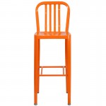 Commercial Grade 30" High Orange Metal Indoor-Outdoor Barstool with Vertical Slat Back