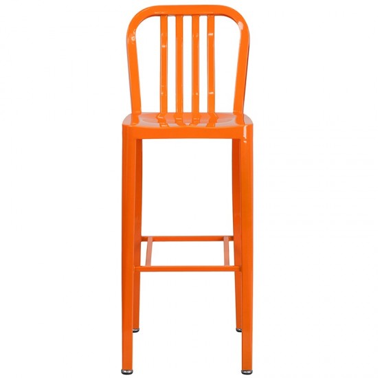 Commercial Grade 30" High Orange Metal Indoor-Outdoor Barstool with Vertical Slat Back