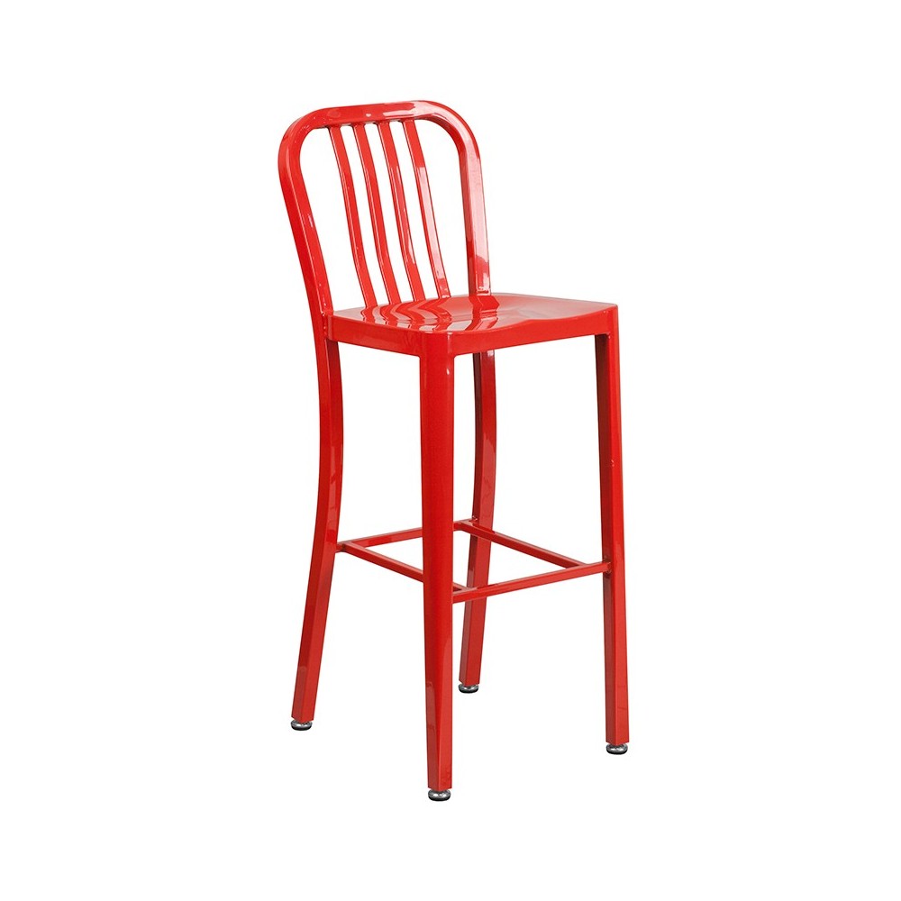 Commercial Grade 30" High Red Metal Indoor-Outdoor Barstool with Vertical Slat Back