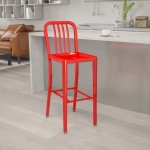 Commercial Grade 30" High Red Metal Indoor-Outdoor Barstool with Vertical Slat Back