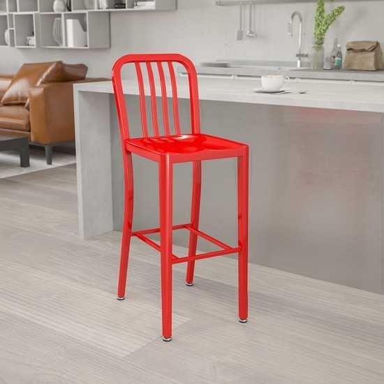 Commercial Grade 30" High Red Metal Indoor-Outdoor Barstool with Vertical Slat Back