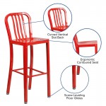 Commercial Grade 30" High Red Metal Indoor-Outdoor Barstool with Vertical Slat Back