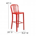 Commercial Grade 30" High Red Metal Indoor-Outdoor Barstool with Vertical Slat Back