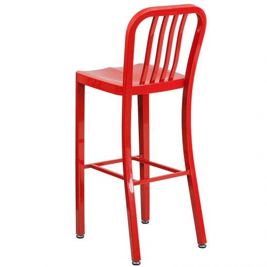 Commercial Grade 30" High Red Metal Indoor-Outdoor Barstool with Vertical Slat Back