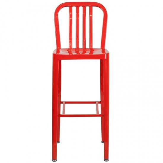 Commercial Grade 30" High Red Metal Indoor-Outdoor Barstool with Vertical Slat Back