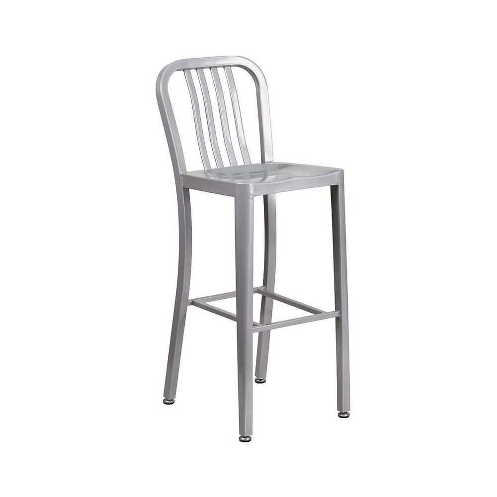Commercial Grade 30" High Silver Metal Indoor-Outdoor Barstool with Vertical Slat Back Commercial Grade 30" High Silver Metal Indoor-Outdoor Barstool with Vertical Slat Back