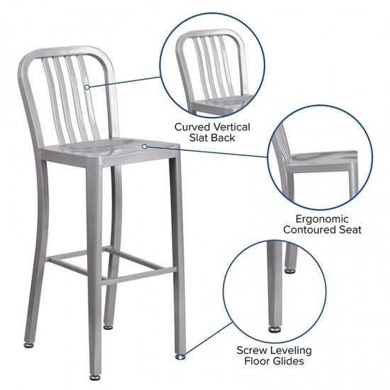 Commercial Grade 30" High Silver Metal Indoor-Outdoor Barstool with Vertical Slat Back
