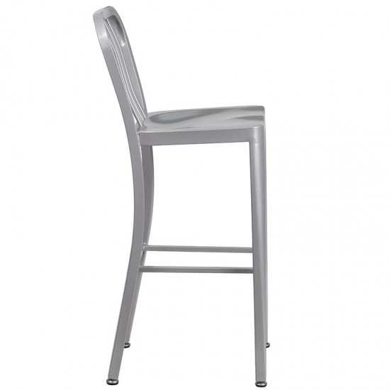 Commercial Grade 30" High Silver Metal Indoor-Outdoor Barstool with Vertical Slat Back