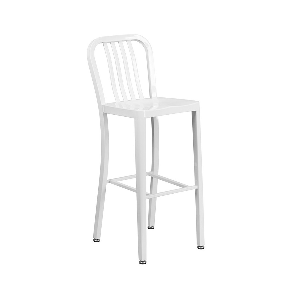 Commercial Grade 30" High White Metal Indoor-Outdoor Barstool with Vertical Slat Back