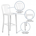 Commercial Grade 30" High White Metal Indoor-Outdoor Barstool with Vertical Slat Back