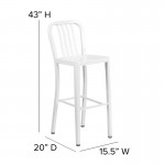 Commercial Grade 30" High White Metal Indoor-Outdoor Barstool with Vertical Slat Back