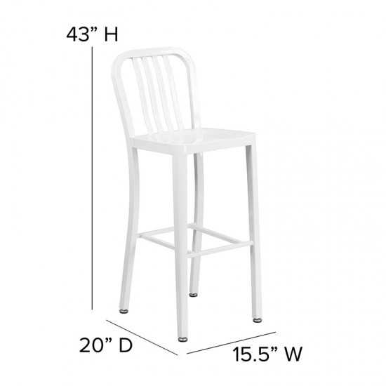 Commercial Grade 30" High White Metal Indoor-Outdoor Barstool with Vertical Slat Back