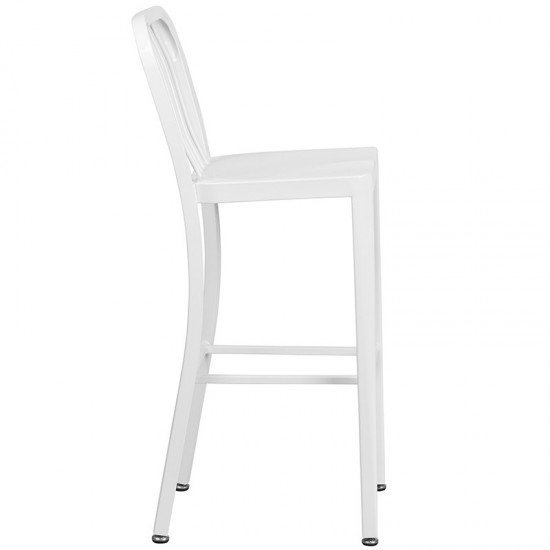 Commercial Grade 30" High White Metal Indoor-Outdoor Barstool with Vertical Slat Back