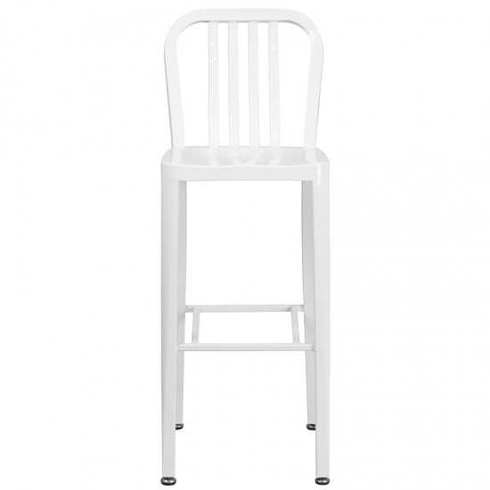 Commercial Grade 30" High White Metal Indoor-Outdoor Barstool with Vertical Slat Back