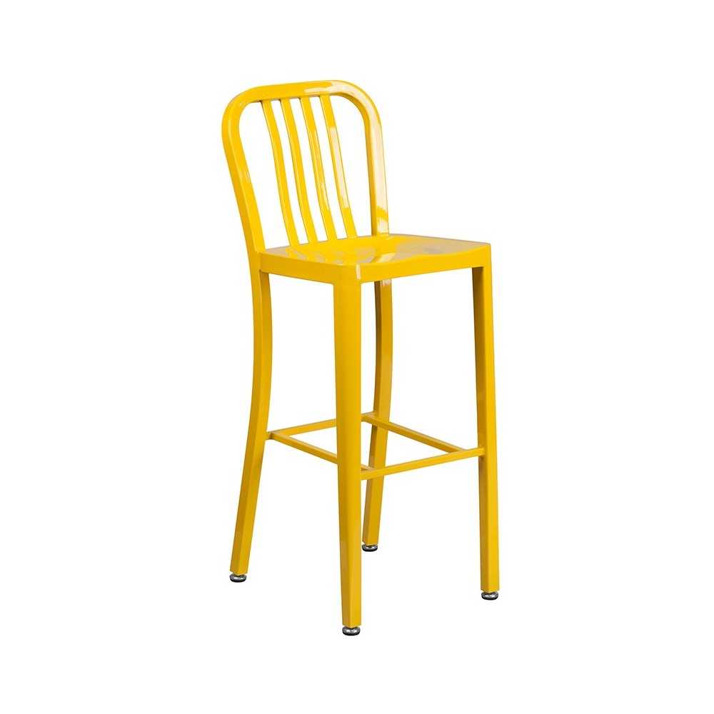 Commercial Grade 30" High Yellow Metal Indoor-Outdoor Barstool with Vertical Slat Back