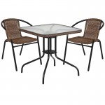 28\'\' Square Glass Metal Table with Dark Brown Rattan Edging and 2 Dark Brown Rattan Stack Chairs