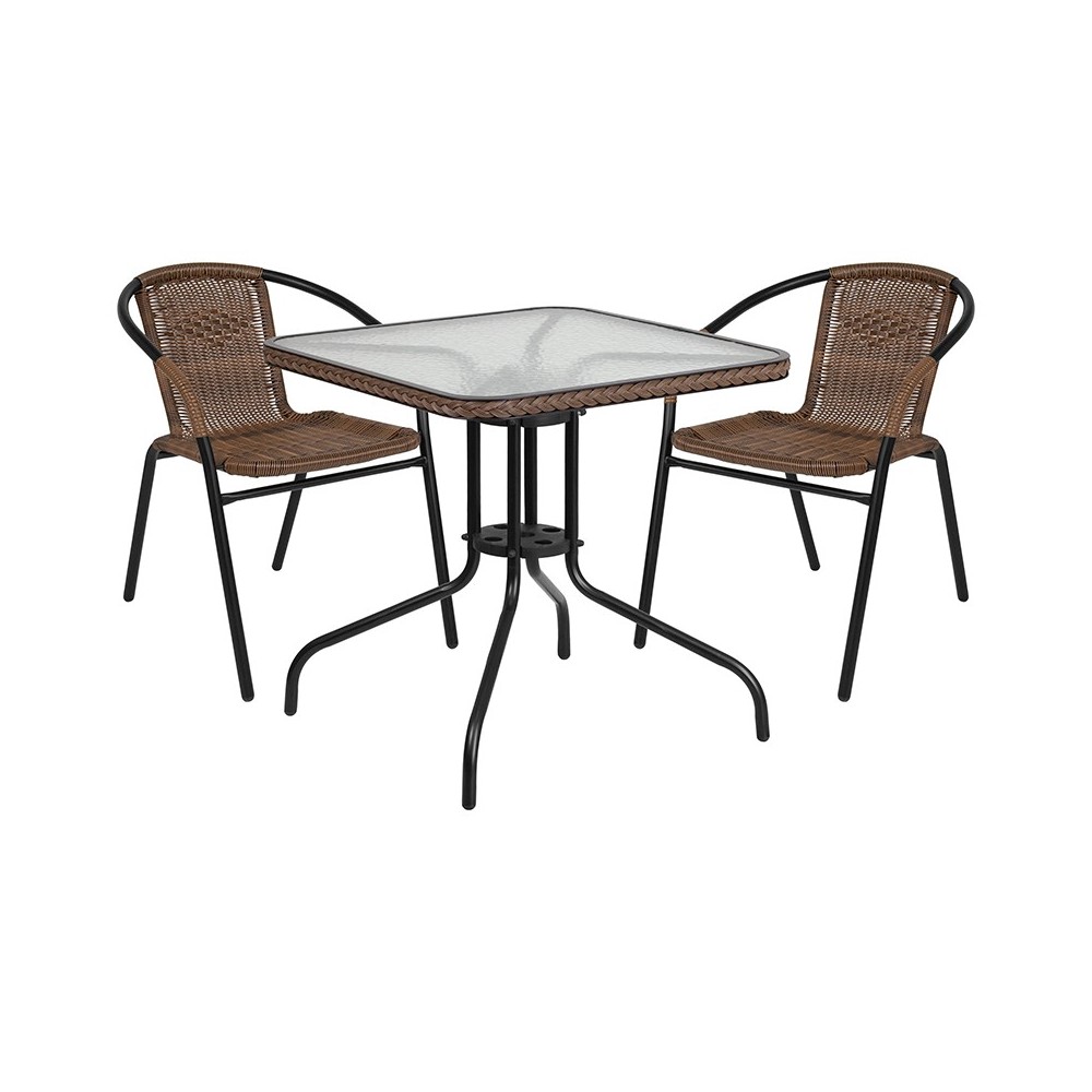 28'' Square Glass Metal Table with Dark Brown Rattan Edging and 2 Dark Brown Rattan Stack Chairs 28'' Square Glass Metal Table with Dark Brown Rattan Edging and 2 Dark Brown Rattan Stack Chairs